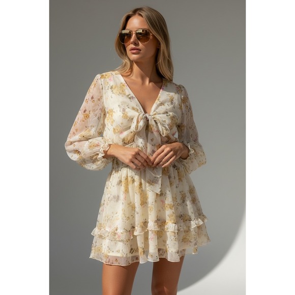 NEW Floral‎ Ruffle Skirt Size Large Mini Dress Smocked Waist Girly Garden Party - Picture 2 of 8